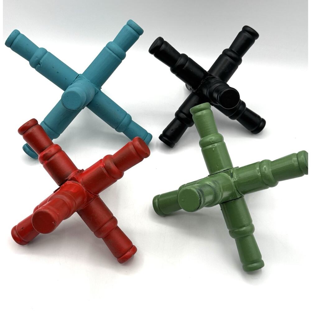 Vintage Set of 4 Oversized Wooden Jacks Decorative 6" 7" Multicolored Game READ